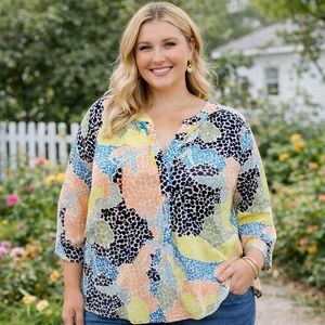 Crown & Ivy Curvy Abstract Print Blouse Multicolor Lightweight Top Women's 0X